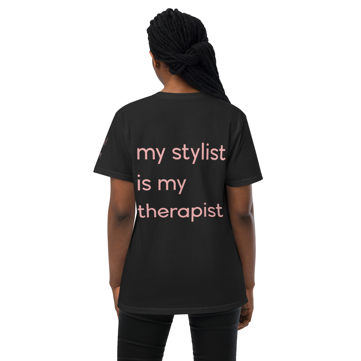 It Girl x Arté "My Stylist Is My Therapist" pocket tee, back view showing the phrase in It Girl Wellness pink