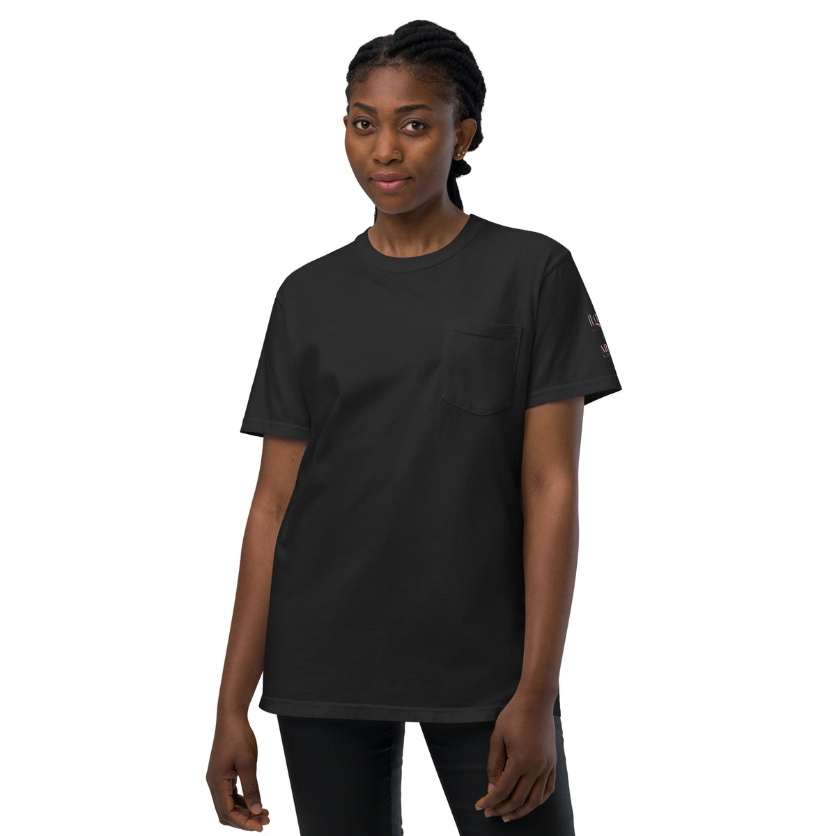 It Girl x Arté "My Stylist Is My Therapist" pocket tee, front view showing the blank pocket and sleeve logo