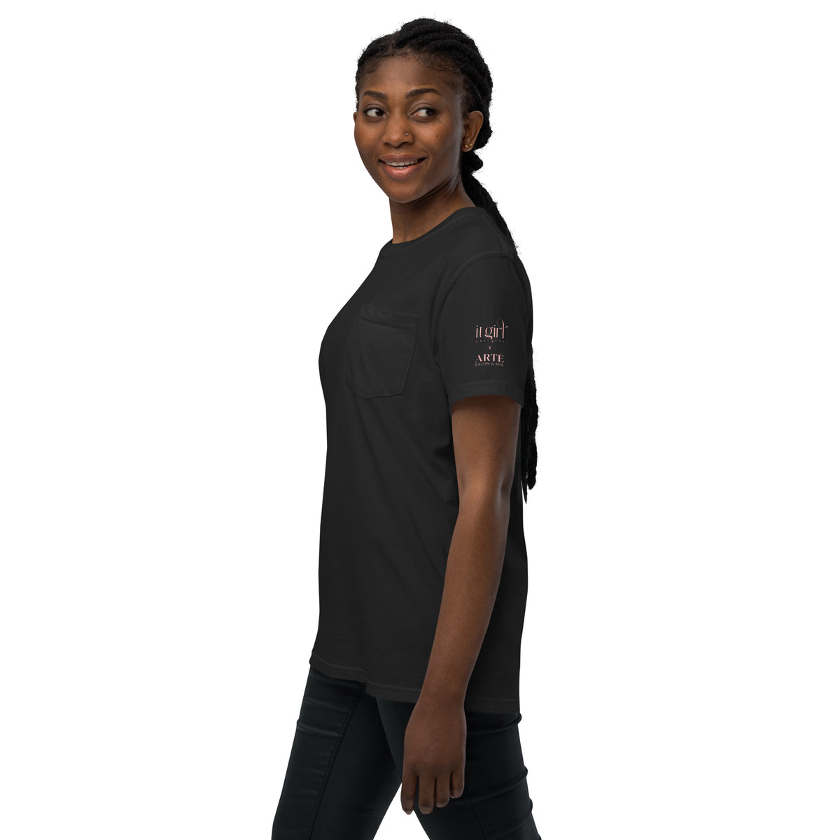 It Girl x Arté "My Stylist Is My Therapist" pocket tee, left side view